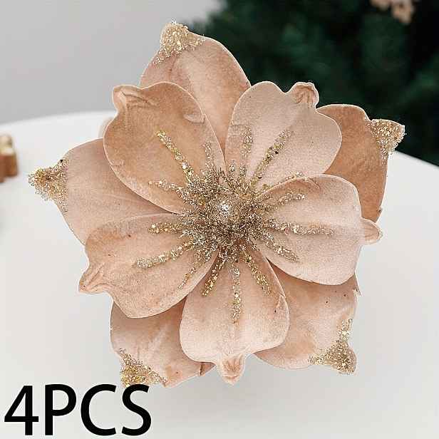TEMU 4ks TIECAWK Třpytivé Umělé Květy Magnólie s Květy - Zelená, Bílá, Červená, Růžová & Světle Růžová Vhodné pro Vánoční Stromkové Dekorace, Svatby,