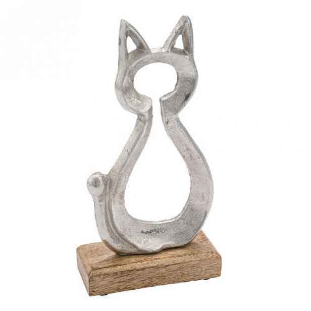Kočka na podstavci kov/dřevo stříbrná 23cm