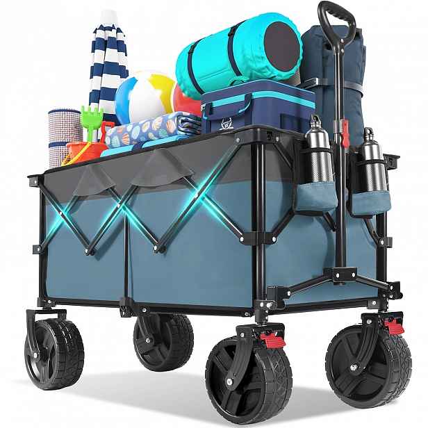TEMU Výkonný skládací vozík pro všechny terény 200 l/ nosnost 200 kg, PU 17x10 cm s brzdami, 4směrový patentovaný skládací design, zelená/ modrošedá/