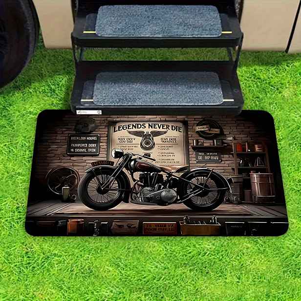 TEMU 1ks Vintage Motocyklový Potištěná Venkovní Rohožka, Flanelová Dekorační Matrace, Vhodná pro Vnitřní/Venkovní Vstupní Předložku, Obývací Pokoj,