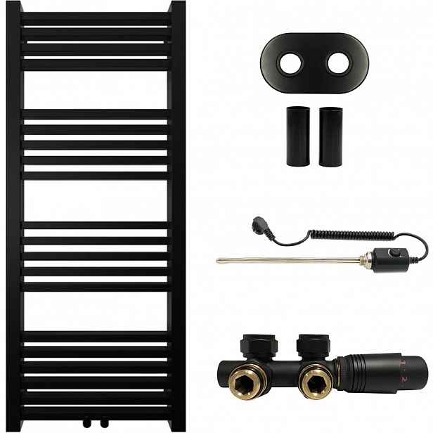 Koupelnový radiátorový set Franko - kombinované vytápění, termo tyč - středové připojení 50 mm - 300W - černá matná - 1200x500 mm