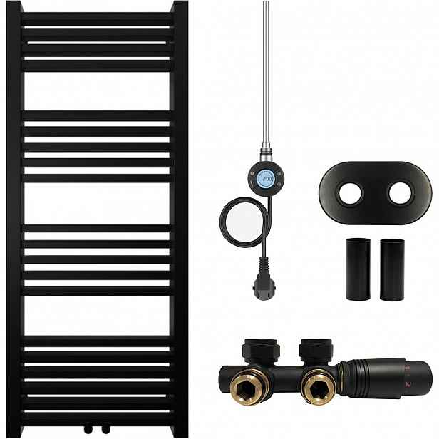 Koupelnový radiátorový set Franko - kombinované vytápění, wifi tyč - středové připojení 50 mm - 300W - černá matná - 1200x500 mm