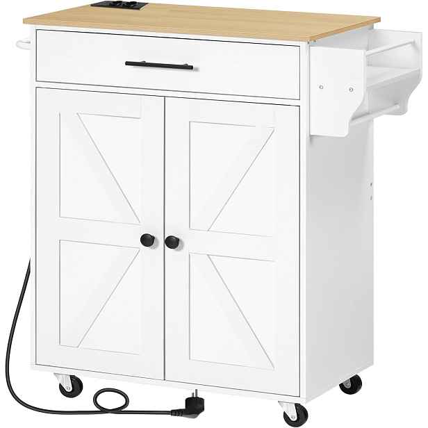 Pojízdný kuchyňský vozík s prodlužovacím kabelem Vasagle Marley 65 cm bílý/dub přírodní