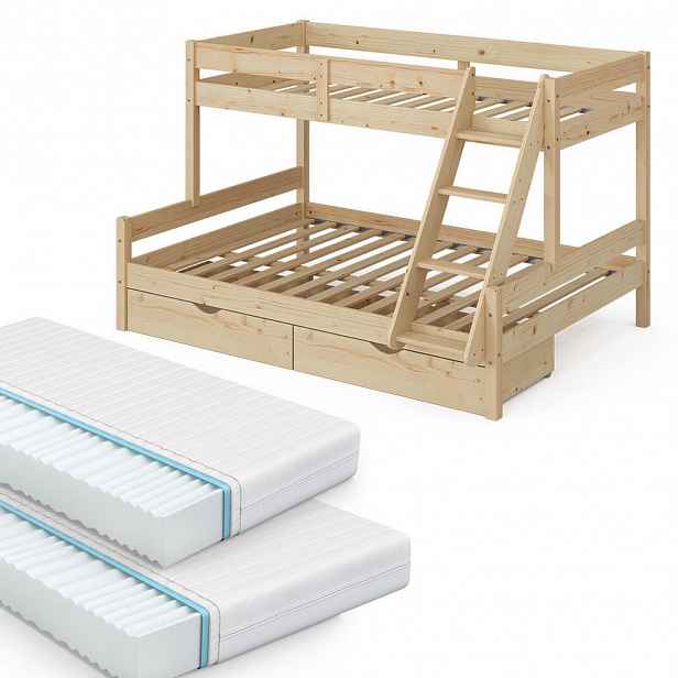 VitaliSpa PATROVÁ POSTEL Everest Přírodní dřevo 140x200 / 90x200 cm se 2 matracemi a 2 zásuvkami