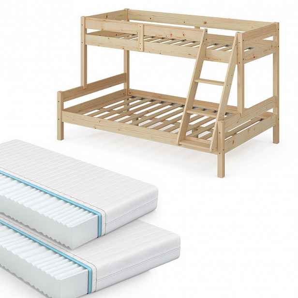 VitaliSpa PATROVÁ POSTEL Everest Přírodní dřevo 120x200 / 80x200 cm se 2 matracemi