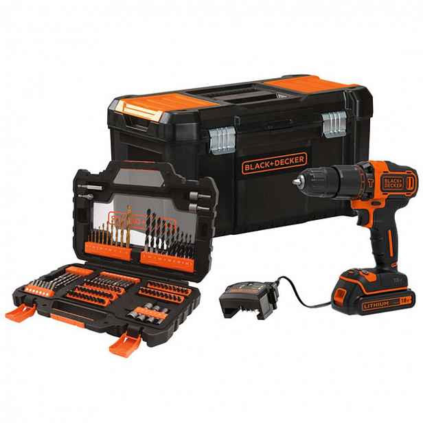 BLACK+DECKER - 18V AKU vrtačka s příklepem a příslušenstvím, 1x aku 1,5 Ah Li-Ion, nabíječka BDCHD18S1KA-QW