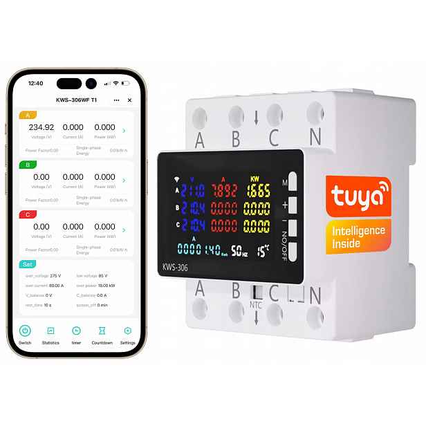Třífázový elektroměr Měří Watty WiFi Tuya relé 80A LCD Din