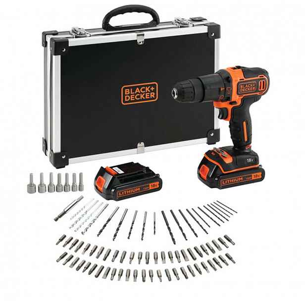 BLACK+DECKER - 18V AKU vrtačka s příklepem a příslušenstvím, 2x aku 1,5 Ah Li-Ion, nabíječka BDCHD18BAFC-QW