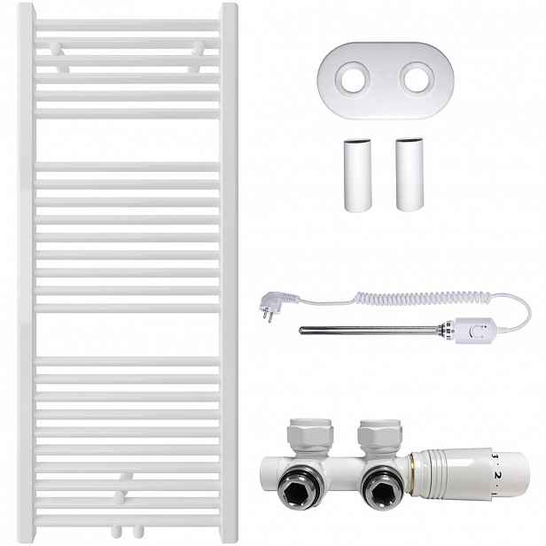 Koupelnový radiátorový set Lincoln - kombinované vytápění, termo tyč - středové připojení 50 mm - 300W - bílá lesklá - 1200x500 mm