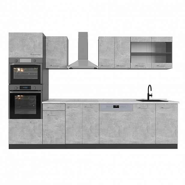 Vicco KUCHYŇSKÝ KOUT R-Line Beton 300 cm s vysokou skříní, PD Mramor