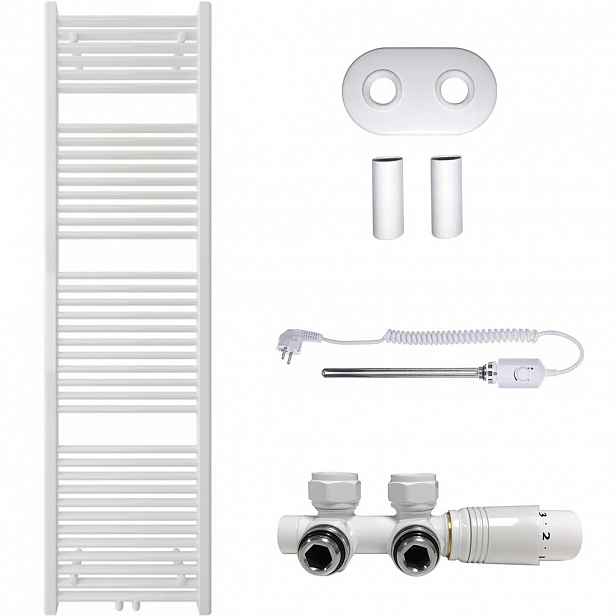 Koupelnový radiátorový set Lincoln - kombinované vytápění, termo tyč - středové připojení 50 mm - 300W - bílá lesklá - 1800x500 mm