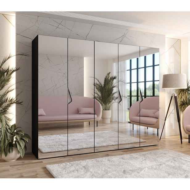 Široká šatní skříň 250 cm AMARIS 3 se zrcadlem - černá / kašmírové úchyty