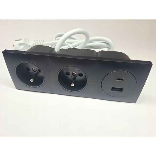 Zasouvací zásuvka trojitá 2 x 230 V 2 Usb nábytkový port černá