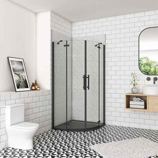 Čtvrtkruhový sprchový kout MELODY BLACK S2 90x90 cm s dvoukřídlými dveřmi, černý profil, včetně sprchové vaničky z litého mramoru