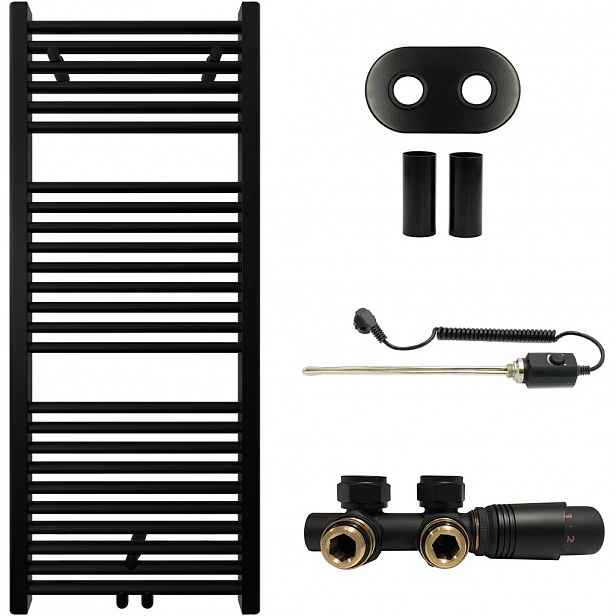 Koupelnový radiátorový set Lincoln - kombinované vytápění, termo tyč - středové připojení 50 mm - 300W - černá matná - 1200x500 mm