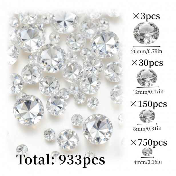 TEMU 933 třpytivých imitací diamantů, umělé diamantové ozdoby, akrylové drahokamy, výplně do váz, volné křišťálové dekorace na stůl, čtyři velikosti,