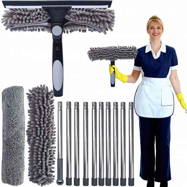 Čistič Oken Teleskopický 43 CM, 10 Segmentů, Sada S Mikrovláknem 2V1, Otočná