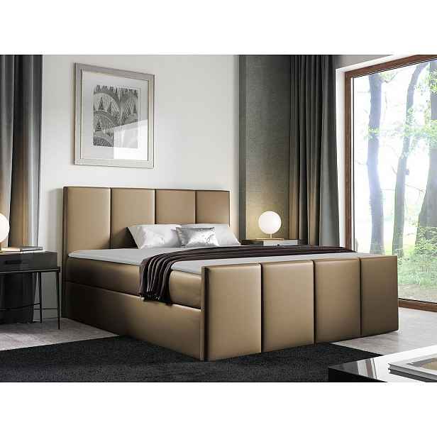 Hotelová manželská postel 160x200 MORALA - hnědá ekokůže + topper ZDARMA