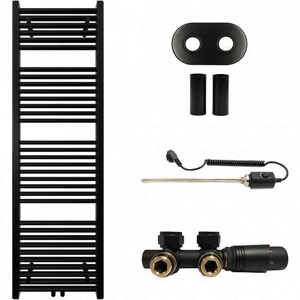 Koupelnový radiátorový set Lincoln - kombinované vytápění, termo tyč - středové připojení 50 mm - 300W - černá matná - 1600x500 mm