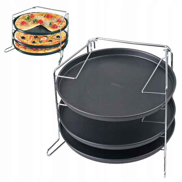 Plech na Pizzu Sada 3 Kusů Plus Stojan na pečení Současně 3 Forem