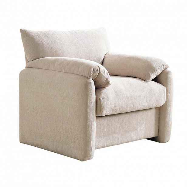 Urban Meuble KŘESLO žinylka béžové 96 cm lounge křeslo s područkami a širokým sedákem pro obývací pokoj