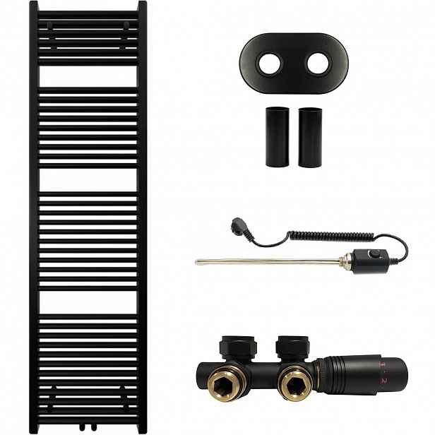 Koupelnový radiátorový set Lincoln - kombinované vytápění, termo tyč - středové připojení 50 mm - 300W - černá matná - 1800x500 mm