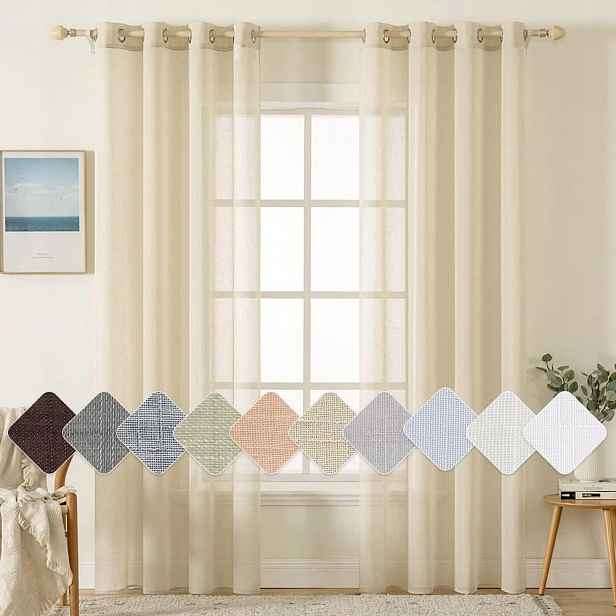 Záclony Miulee ve vzhledu lnu s očky, průhledné, 2 ks– Béžová 140x235 cm