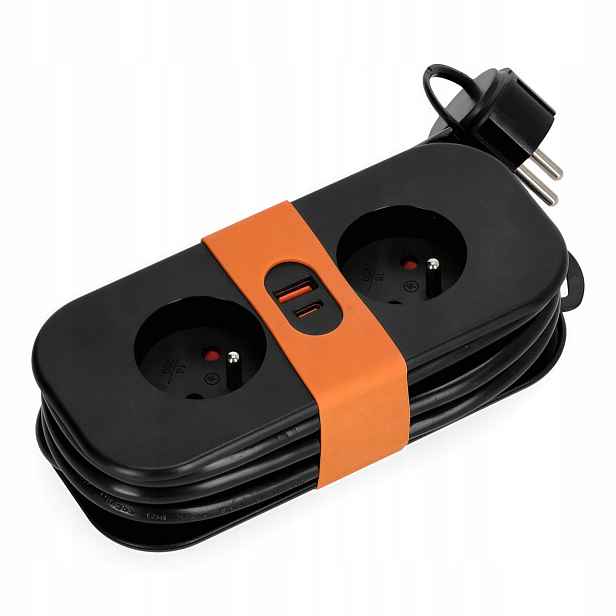 Prodlužovací Kabel s Plochou Zástrčkou 2 zásuvky 1,4 m černý Lišta s uzemněním 2x Usb