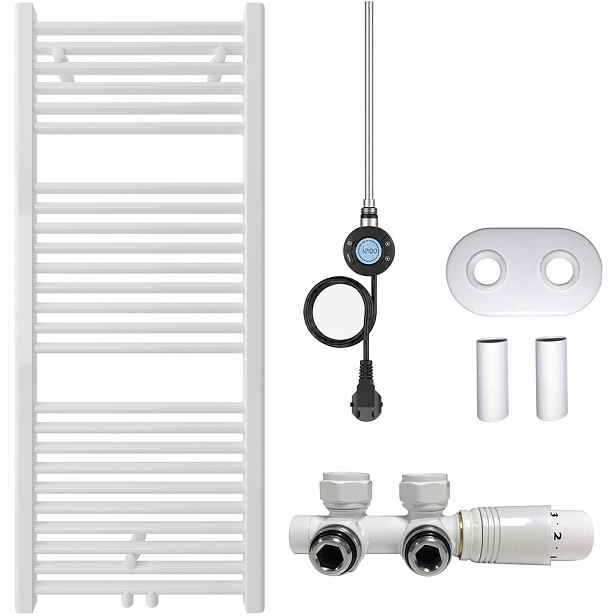 Koupelnový radiátorový set Lincoln - kombinované vytápění, wifi tyč - středové připojení 50 mm - 300W - bílá lesklá - 1200x500 mm