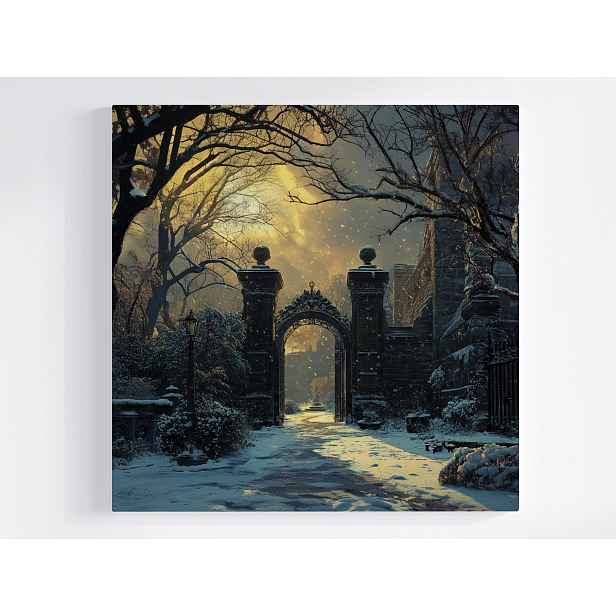 Obraz Na Plátně Canvas Zimní Zahrada Brána Sníh Západ Slunce 50x50