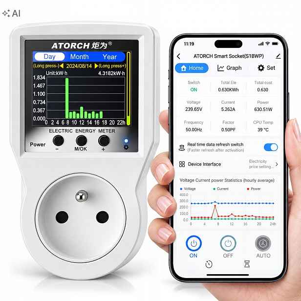 Měřič Spotřeby Energie WiFi Tuya 16A 3680W Měří Watty Typ E