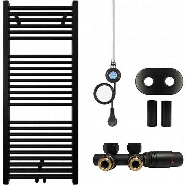 Koupelnový radiátorový set Lincoln - kombinované vytápění, wifi tyč - středové připojení 50 mm - 300W - černá matná - 1200x500 mm