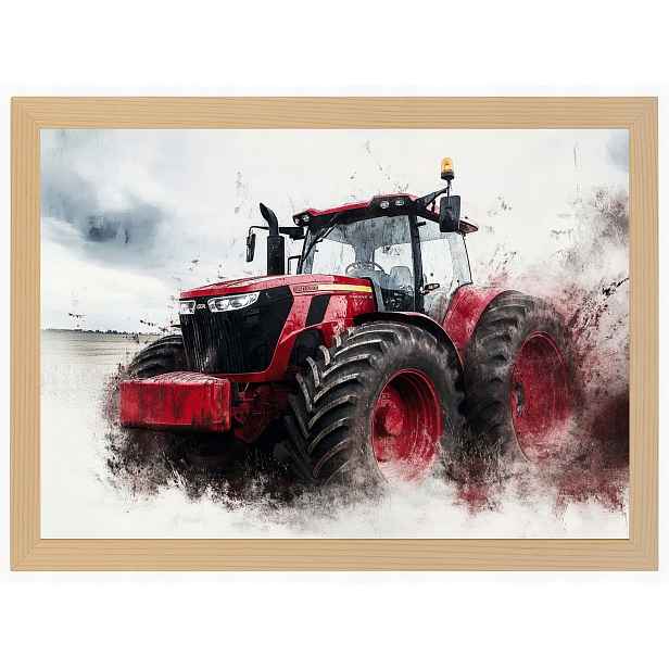 Plakát Rámeček Dřevo Červený Traktor Farma Pole Zemědělský Traktor 80x60