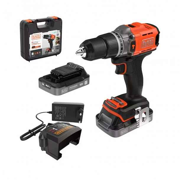 BLACK+DECKER - 18V AKU vrtačka s příklepem, 2x aku 2,0 Ah Li-Ion, nabíječka BCD383D2XK-QW