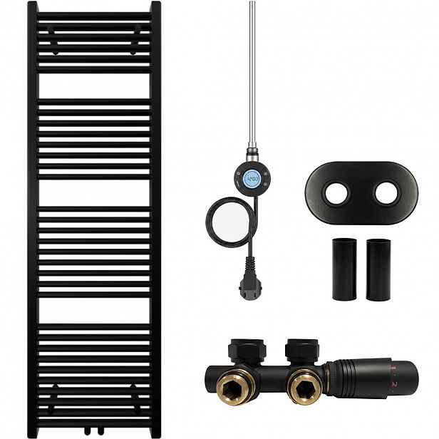 Koupelnový radiátorový set Lincoln - kombinované vytápění, wifi tyč - středové připojení 50 mm - 300W - černá matná - 1600x500 mm