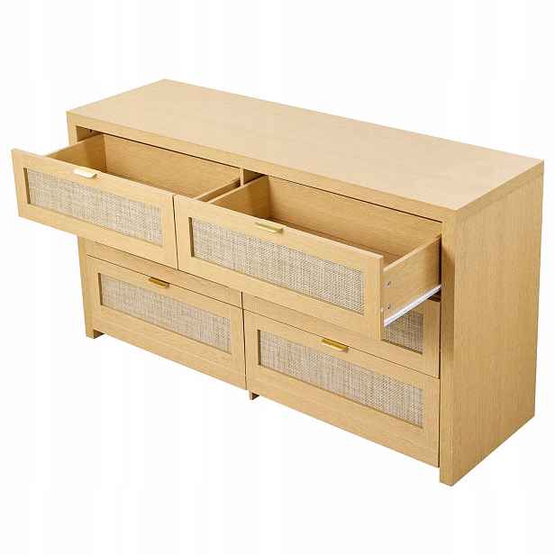 Ratanová komoda 6 zásuvek premium přírodní dřevo 91 kg 144,5 x 45 x 79,5