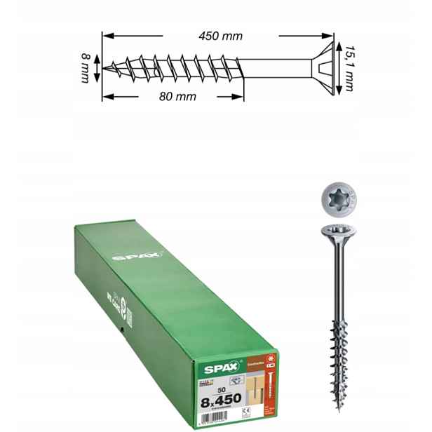 Univerzální vruty Wirox pro dřevěné konstrukce Spax 8 x 450 mm 50 ks