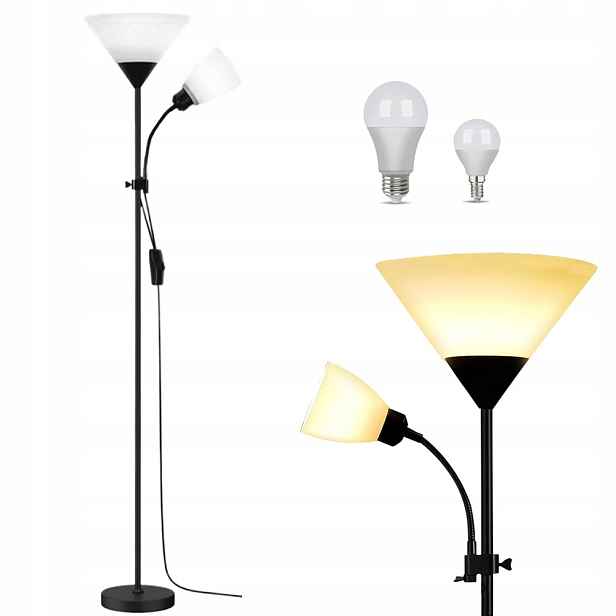 Stojací lampa pro čtení, dvojitá, 2xE27, nastavitelná, černá