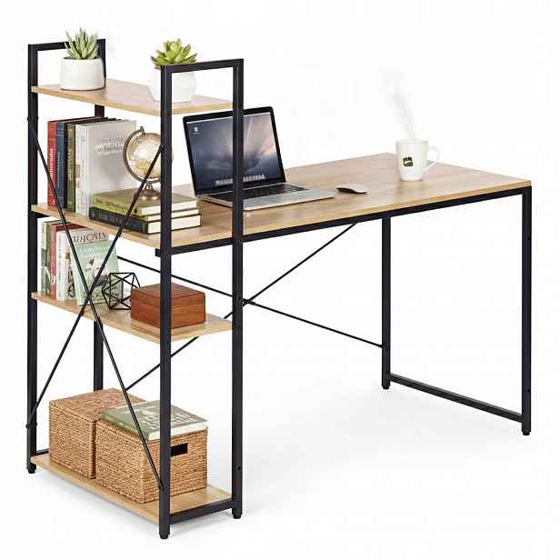 Školní počítačový stůl 120 x 60 cm, regál se 3 policemi, loft, světlý dub Moder