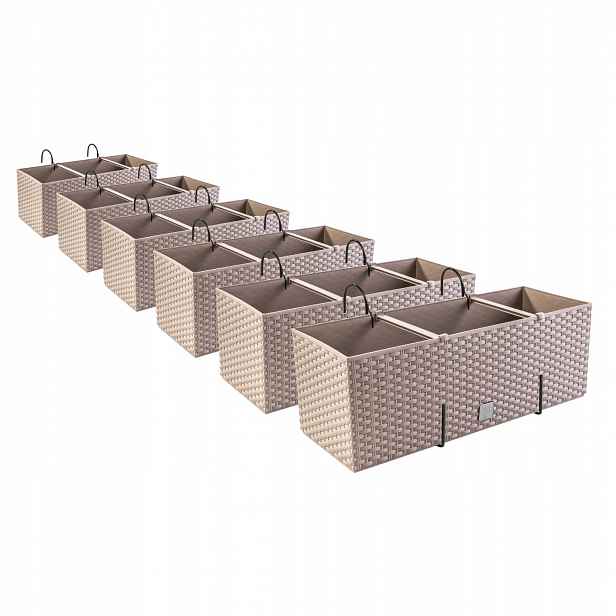 6 x podlouhlé závěsné balkonové boxy DRT500 mocca s 12 ocelovými háky