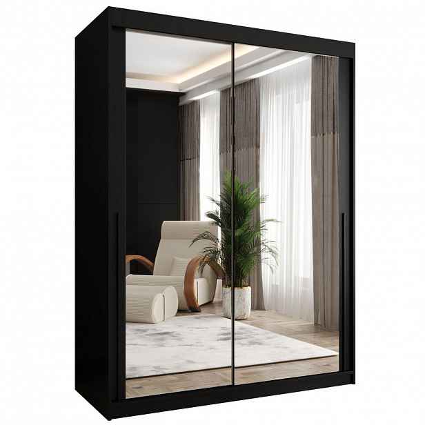 Home Collective ŠATNÍ SKŘÍŇ S POSUVNÝMI DVEŘMI se zrcadlem, šířka 150 cm, černá s černým madlem