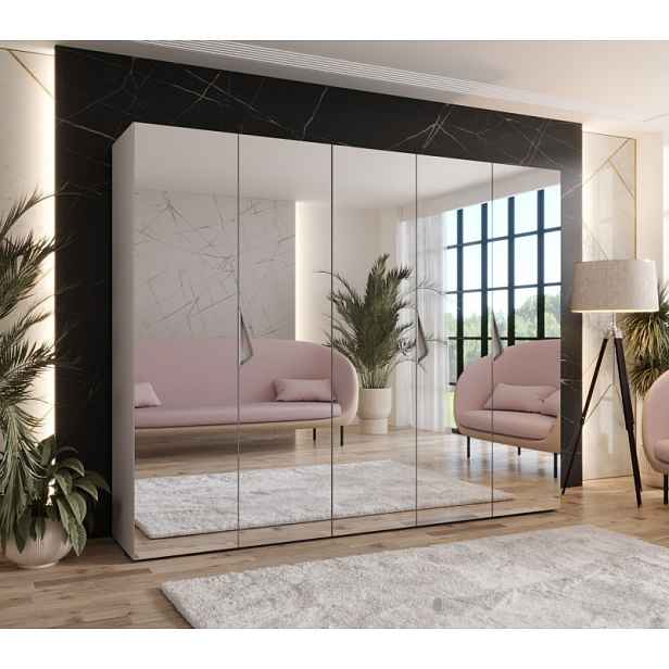 Široká šatní skříň 250 cm AMARIS 3 se zrcadlem - kašmír / kašmírové úchyty