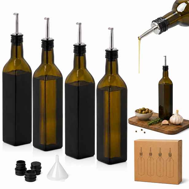 Skleněná Lahvička na ocetový olej 500 ml Sada 4 ks Dávkovač Hnědá