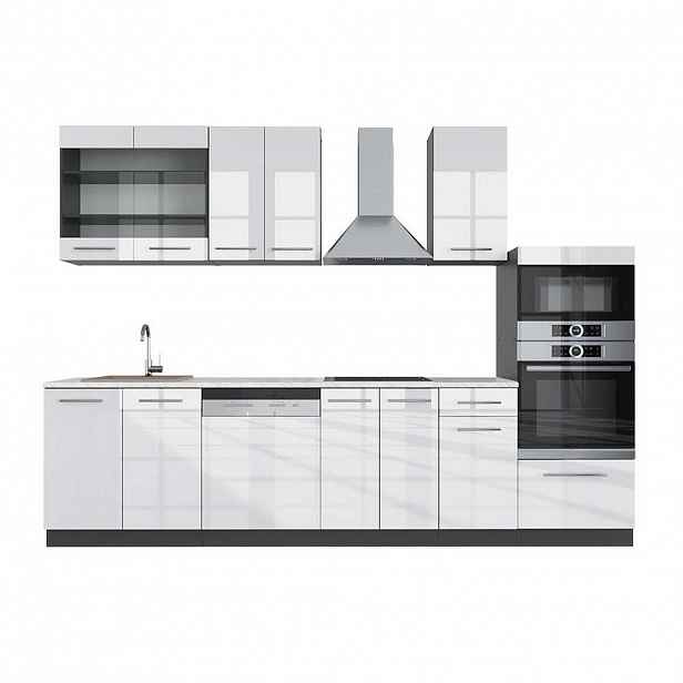 Vicco KUCHYŇSKÝ KOUT Fame-Line Bílý vysoký lesk/antracit 300 cm s vysokou skříní, PD Mramor