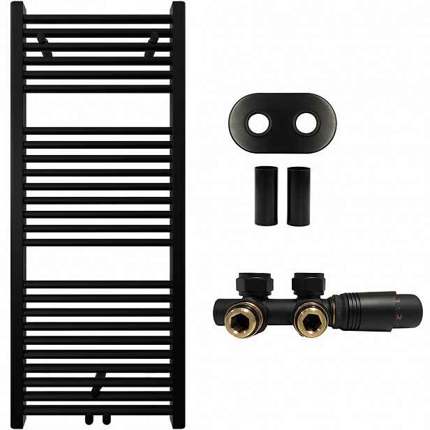 Koupelnový radiátorový set Lincoln - ústřední vytápění - středové připojení 50 mm - 366W - černá matná - 1200x500 mm