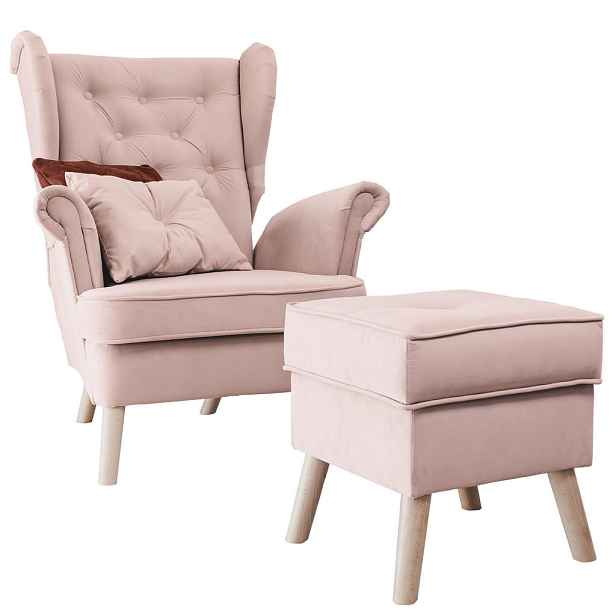 Idohome KŘESLO CLASSIC s podnožkou a bukovými nohami, růžové