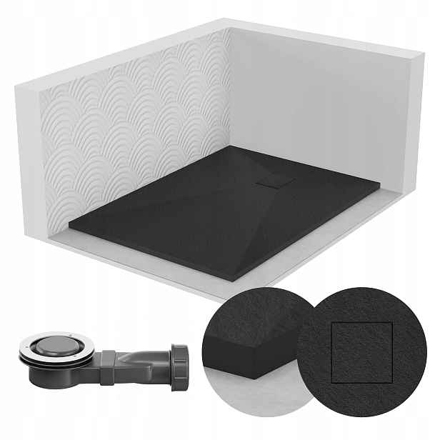 Sprchová Vanička Obdélníková 100x70 Kamenný Vzor 2,6 CM Černá Sifon
