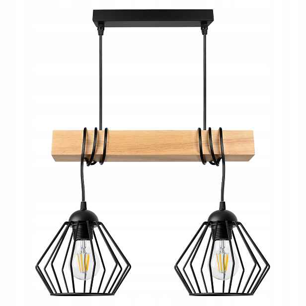 Závěsná Led stropní lampa Převis Dřevěný nosník Loft Drátěná Černá 2xE27