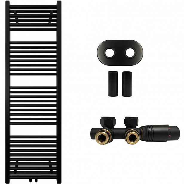 Koupelnový radiátorový set Lincoln - ústřední vytápění - středové připojení 50 mm - 484W - černá matná - 1600x500 mm
