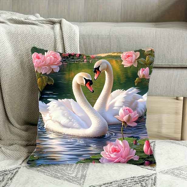 TEMU 1 ks Elegantní polštářový povlak s bílou labutí a lotosem - 45x45 cm, , zipové uzavření, tichá domácí dekorace, vhodný do ložnice a obývacího